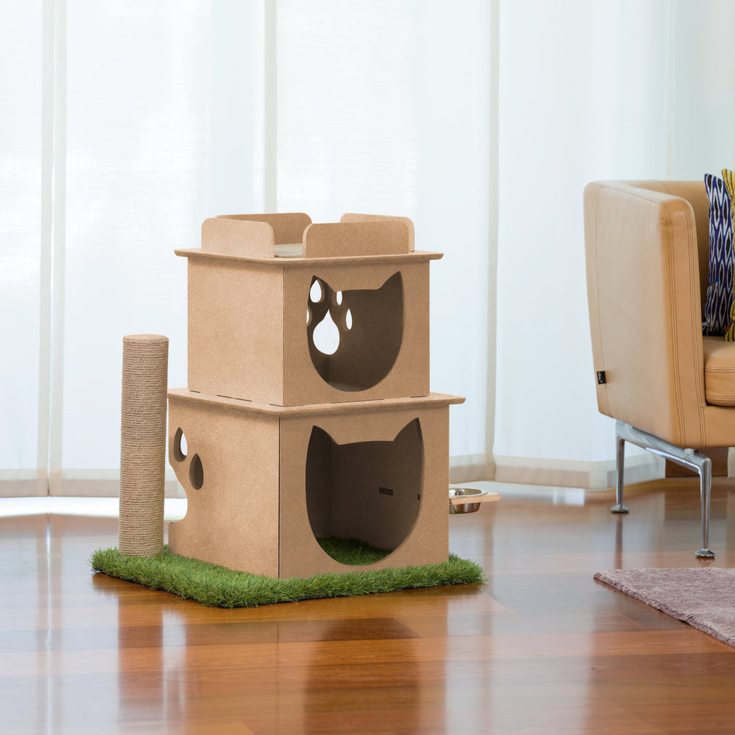 Indoor Two-Story Wooden Cat Loft with Scratching Post & Feeder Station