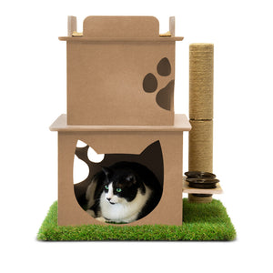 Indoor Two-Story Wooden Cat Loft with Scratching Post & Feeder Station