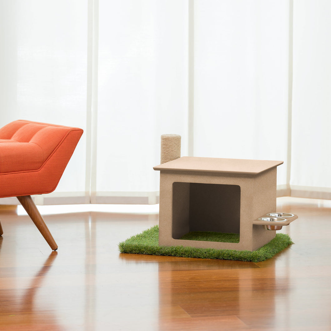 Indoor Wooden Cat House with Scratching Post & Feeder Station