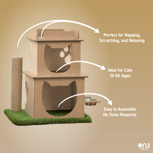 Indoor Two-Story Wooden Cat Loft with Scratching Post & Feeder Station