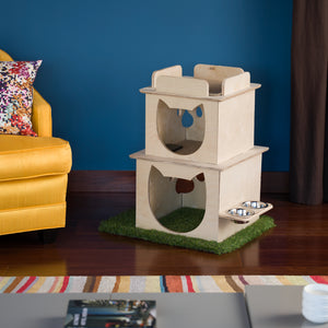 Indoor Two-Story Wooden Cat Loft with Scratching Post & Feeder Station