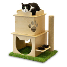 Load image into Gallery viewer, Indoor Two-Story Wooden Cat Loft with Scratching Post &amp; Feeder Station