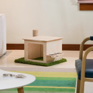 Indoor Wooden Cat House with Scratching Post & Feeder Station