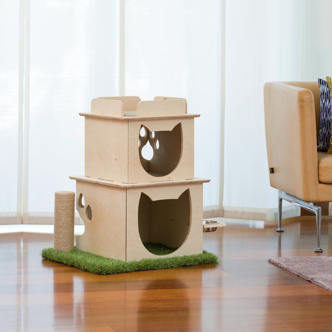 Indoor Two-Story Wooden Cat Loft with Scratching Post & Feeder Station